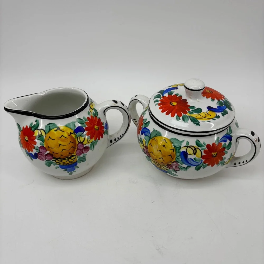 Vtg #1796 De Luxe H. & N. Germany Hand Painted Ceramic Creamer Sugar Majolica